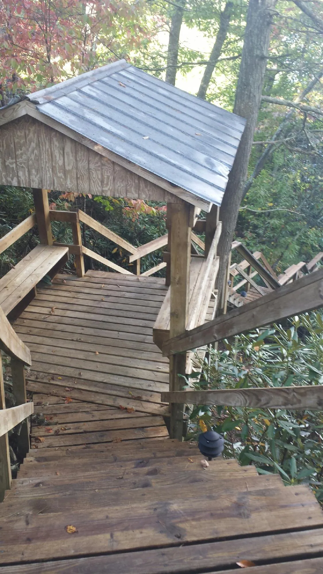 Metal roofed shelter over wooden steps on a wooded walkway — Skylight Repair & Installation work by our crew in Blandinsville